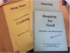 covers of material related to language training work with refugees in Indonesia. Resources on drugstores, cooking, housing, and shopping for food.